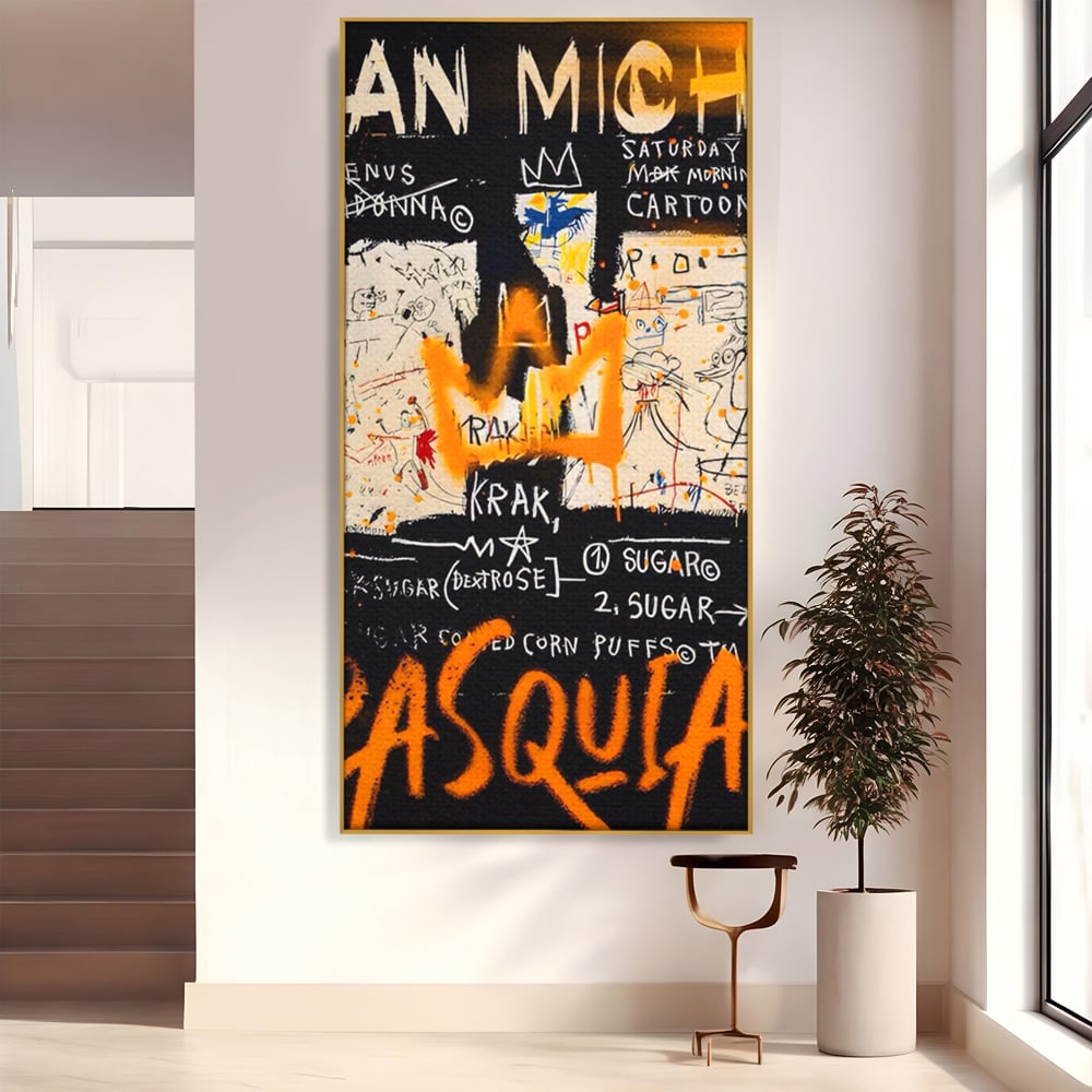 Tablou canvas cu tablou canvas cu arta graffiti jean-michel basquiat, in rama de aluminiu auriu